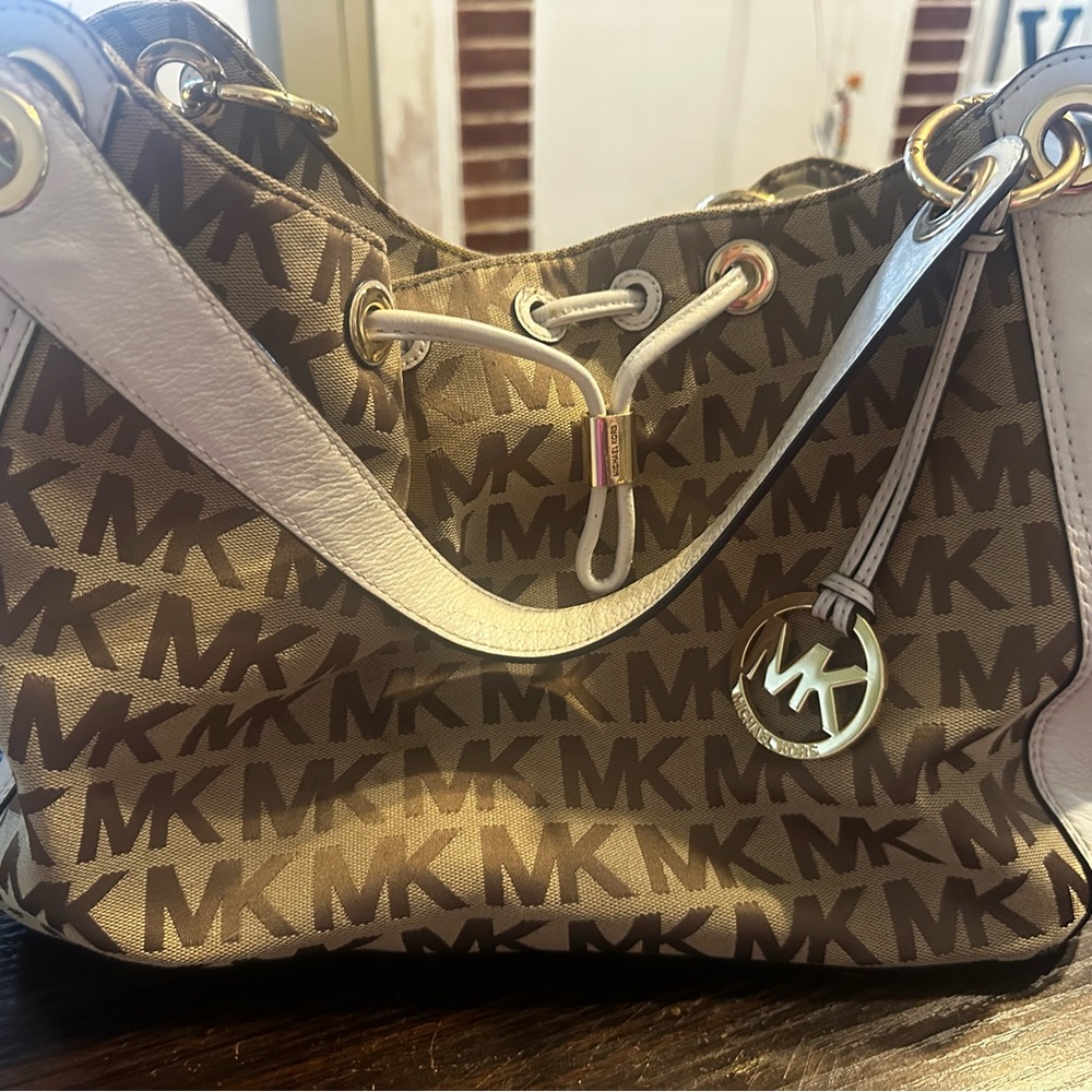 Michael Kors Brown and White Shoulder Bag with Signature Monogram